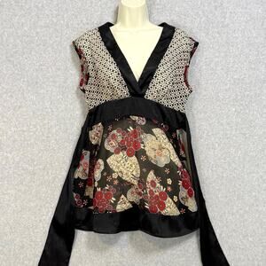 Vtg Speechless Babydoll Sheer Blouse Size L Satin Tie Back Y2K Asian Inspired